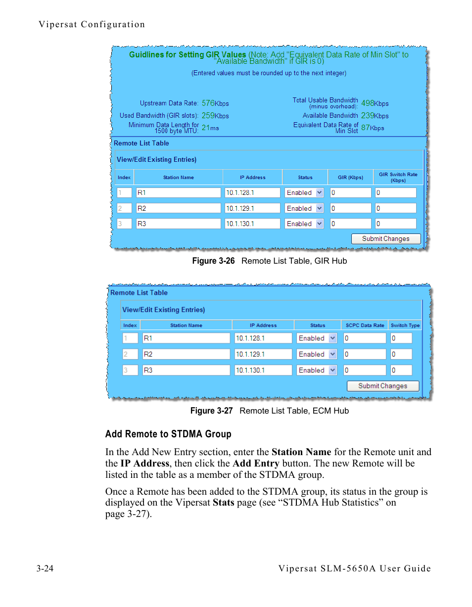 Add remote to stdma group, Add remote to stdma group -24, Figure 3-26 remote list table, gir hub | Figure 3-27 remote list table, ecm hub | Comtech EF Data SLM-5650A
 Vipersat User Manual | Page 64 / 154