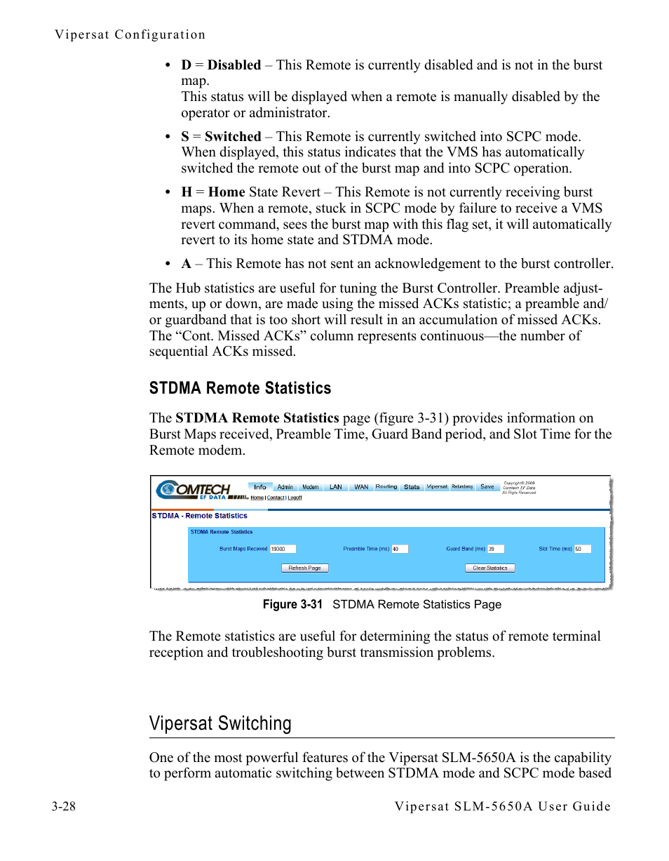 Stdma remote statistics, Vipersat switching, Stdma remote statistics -28 | Vipersat switching -28, Tion “vipersat switching | Comtech EF Data SLM-5650A
 Vipersat User Manual | Page 68 / 154