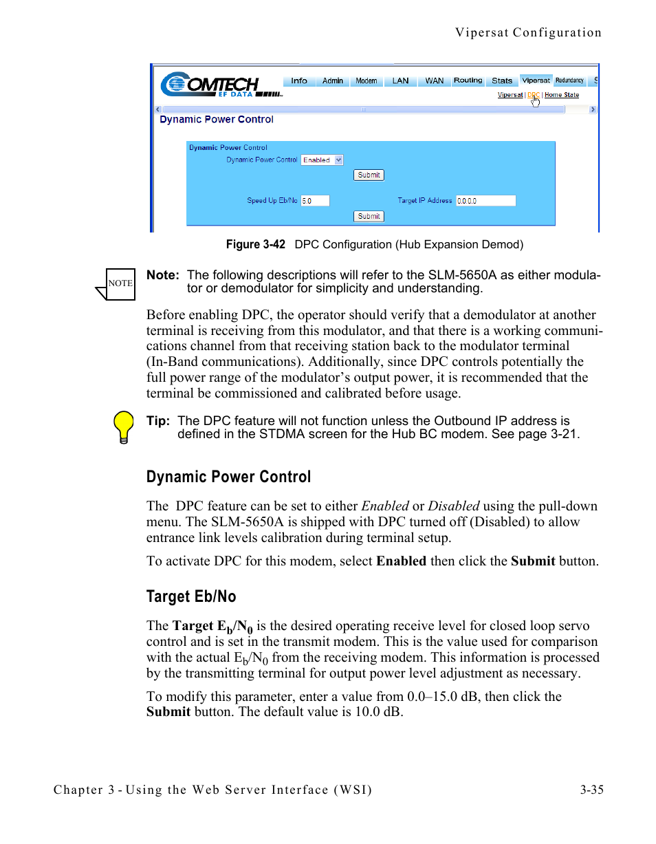 Dynamic power control, Target eb/no, Dynamic power control -35 target eb/no -35 | Figure 3-42 dpc configuration (hub expansion, Demod) | Comtech EF Data SLM-5650A
 Vipersat User Manual | Page 75 / 154