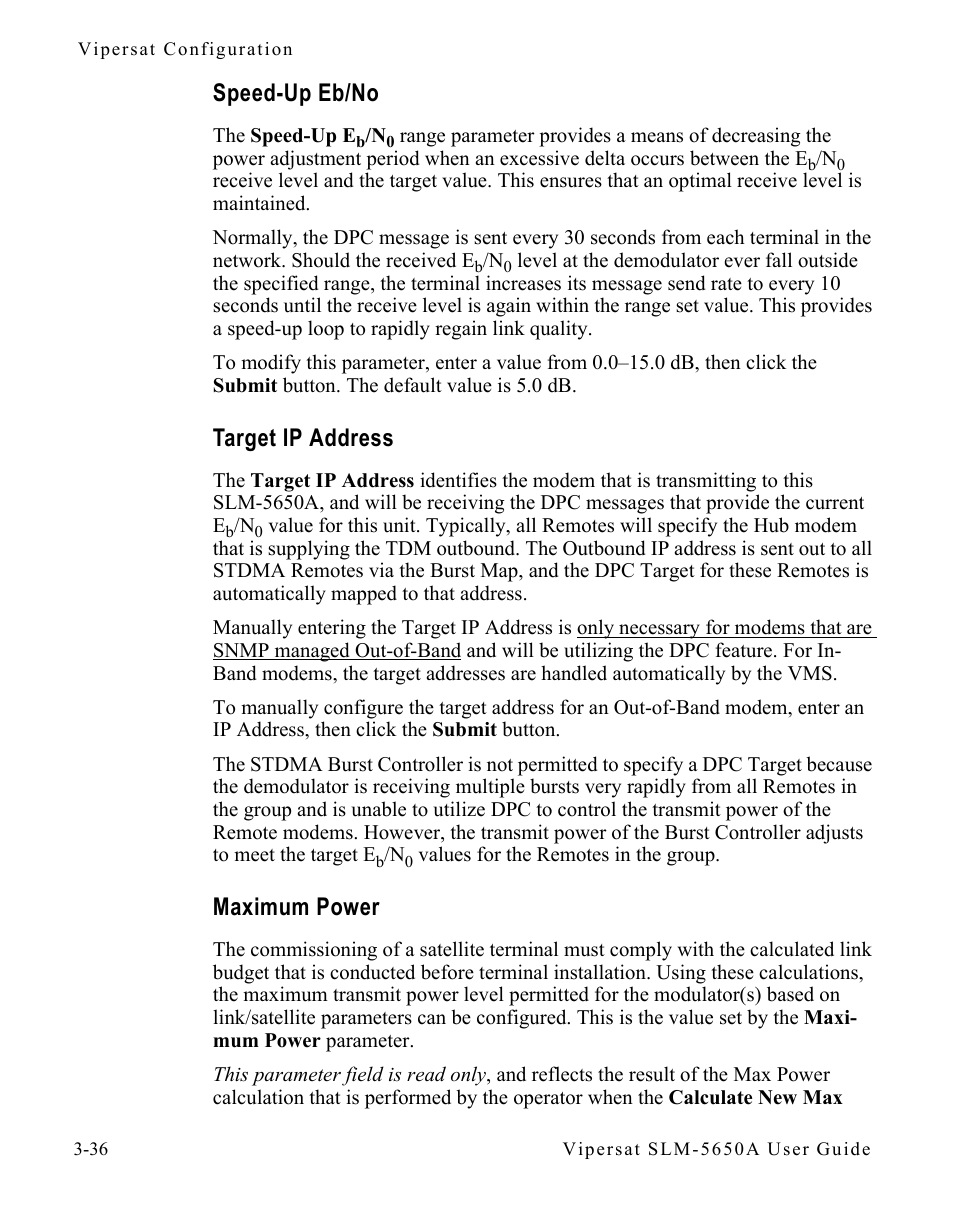 Speed-up eb/no, Target ip address, Maximum power | Comtech EF Data SLM-5650A
 Vipersat User Manual | Page 76 / 154
