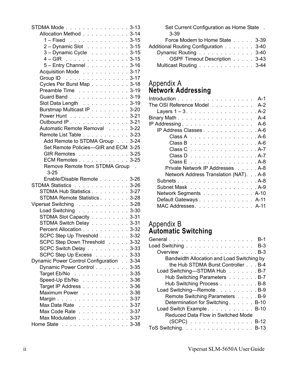 Appendix a network addressing, Appendix b automatic switching | Comtech EF Data SLM-5650A
 Vipersat User Manual | Page 8 / 154