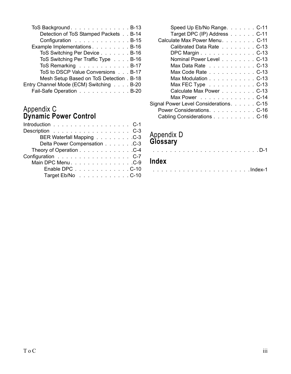 Appendix c dynamic power control, Appendix d glossary, Index | Comtech EF Data SLM-5650A
 Vipersat User Manual | Page 9 / 154