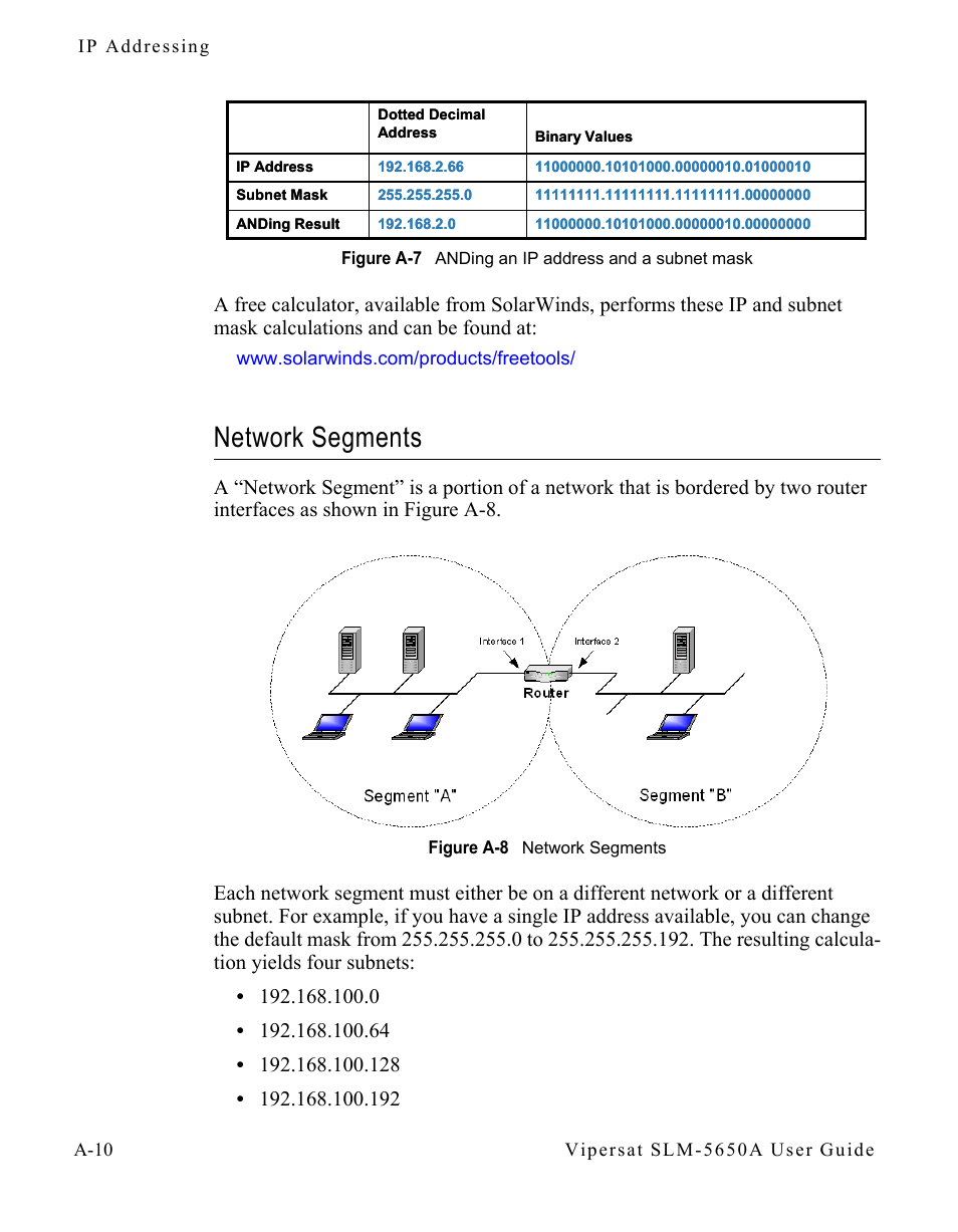 Network segments, Network segments . . . . . . . . . . . . a-10, Figure a-7 anding an ip address and a subnet | Mask, Figure a-8 network segments | Comtech EF Data SLM-5650A
 Vipersat User Manual | Page 96 / 154