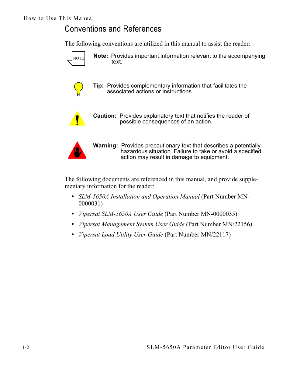 Conventions and references, Conventions and references -2 | Comtech EF Data SLM-5650A Vipersat Parameter Editor User Manual | Page 14 / 80