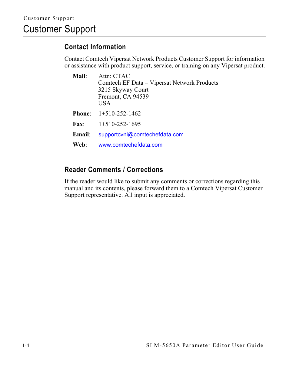 Customer support, Contact information, Reader comments / corrections | Customer support -4 | Comtech EF Data SLM-5650A Vipersat Parameter Editor User Manual | Page 16 / 80