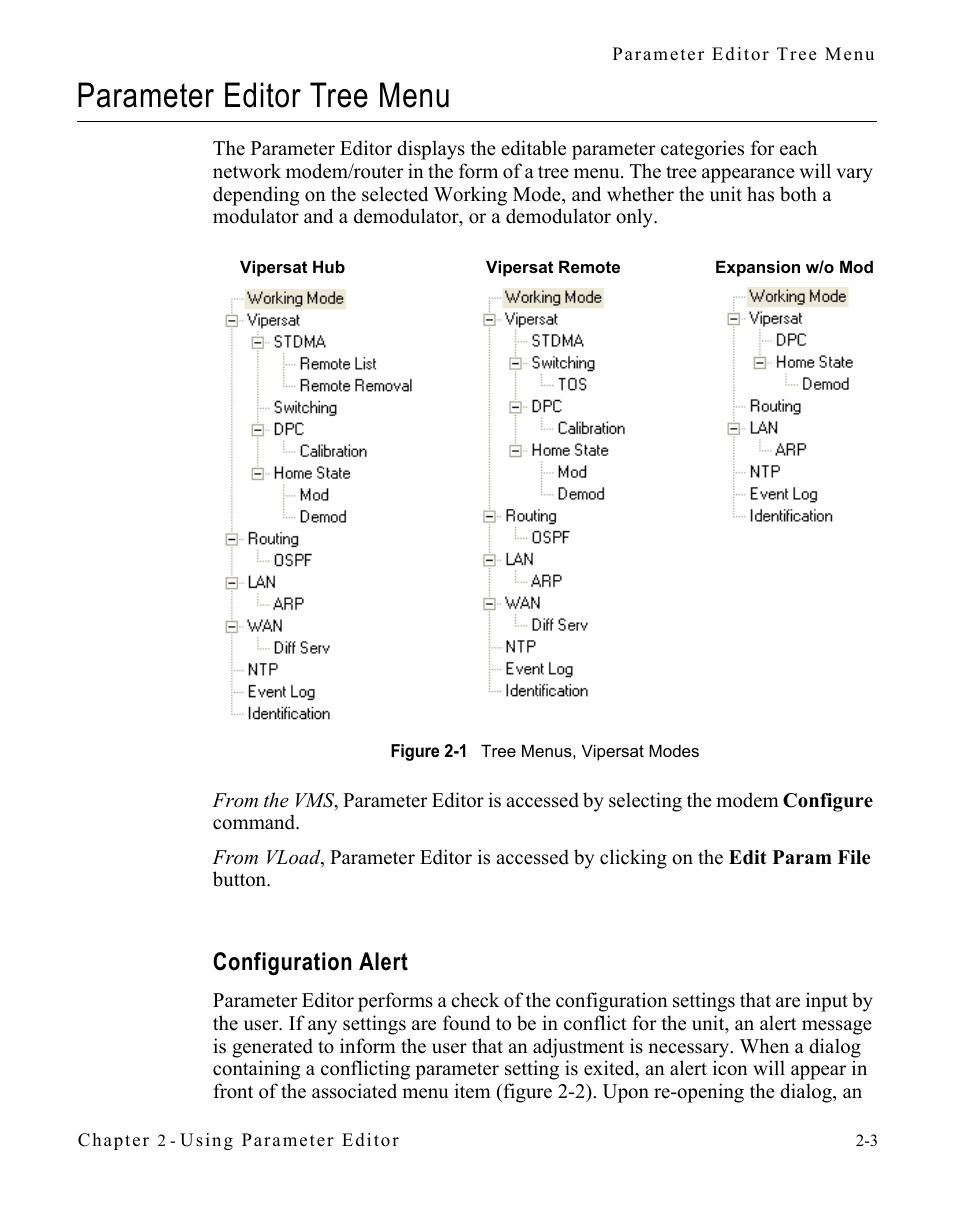 Parameter editor tree menu, Configuration alert, Parameter editor tree menu -3 | Configuration alert -3, Figure 2-1 tree menus, vipersat modes -3 | Comtech EF Data SLM-5650A Vipersat Parameter Editor User Manual | Page 19 / 80