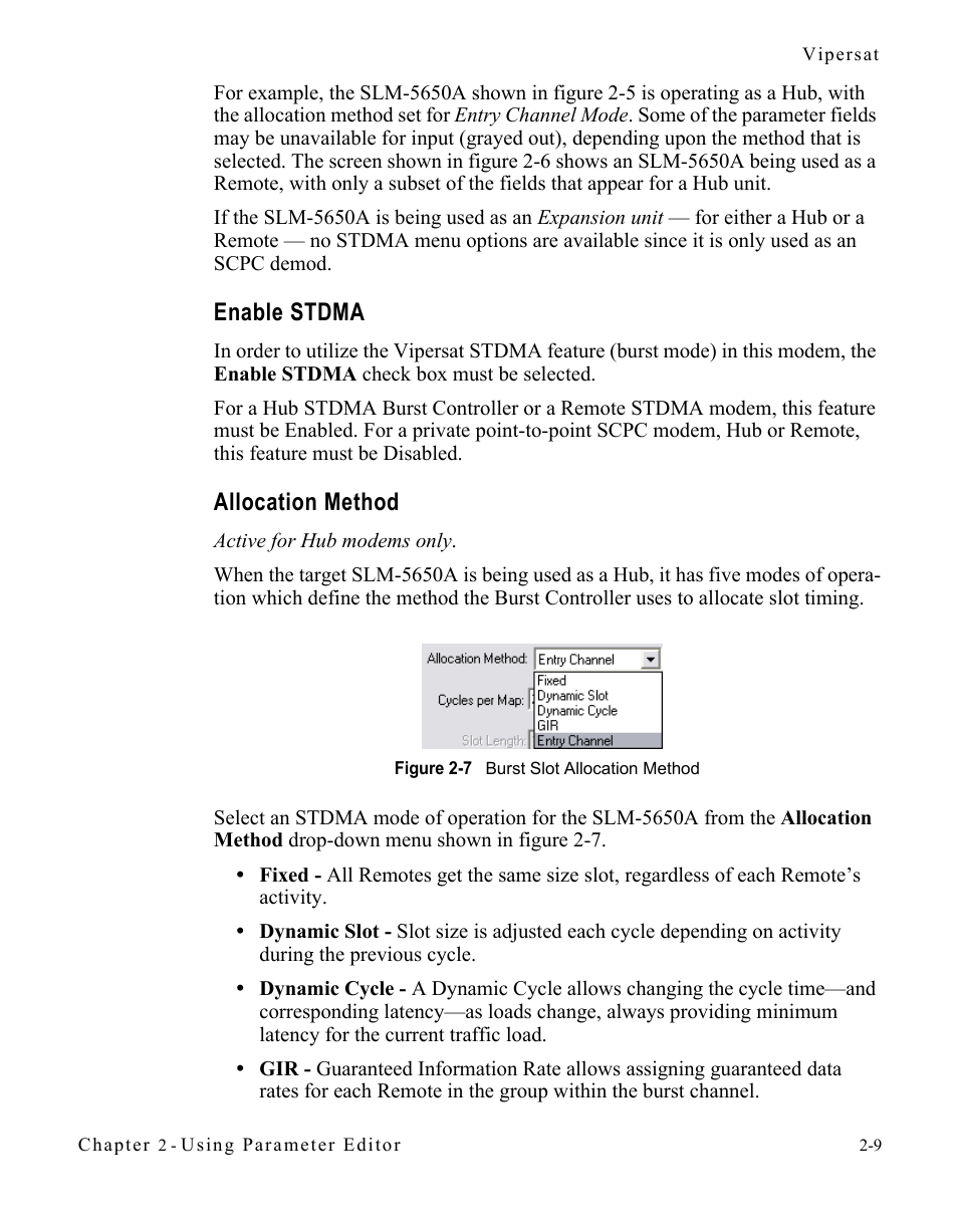 Enable stdma, Allocation method, Enable stdma -9 allocation method -9 | Figure 2-7 burst slot allocation method -9 | Comtech EF Data SLM-5650A Vipersat Parameter Editor User Manual | Page 25 / 80