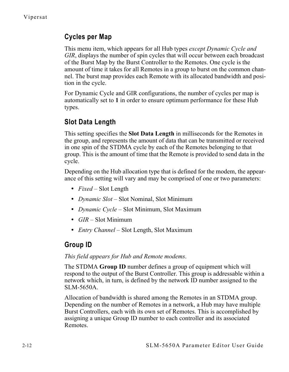 Cycles per map, Slot data length, Group id | Comtech EF Data SLM-5650A Vipersat Parameter Editor User Manual | Page 28 / 80