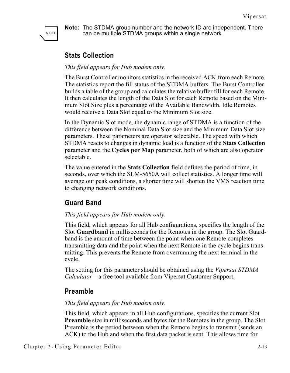 Stats collection, Guard band, Preamble | Stats collection -13 guard band -13 preamble -13 | Comtech EF Data SLM-5650A Vipersat Parameter Editor User Manual | Page 29 / 80