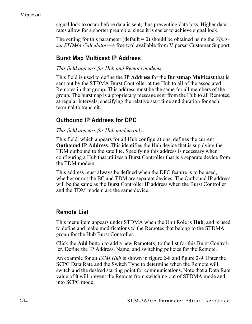 Burst map multicast ip address, Outbound ip address for dpc, Remote list | Comtech EF Data SLM-5650A Vipersat Parameter Editor User Manual | Page 30 / 80