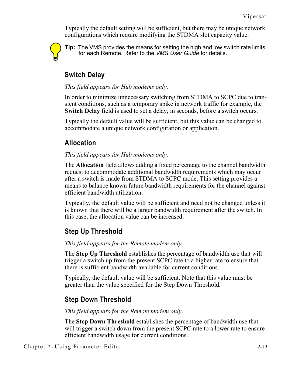 Switch delay, Allocation, Step up threshold | Step down threshold | Comtech EF Data SLM-5650A Vipersat Parameter Editor User Manual | Page 35 / 80