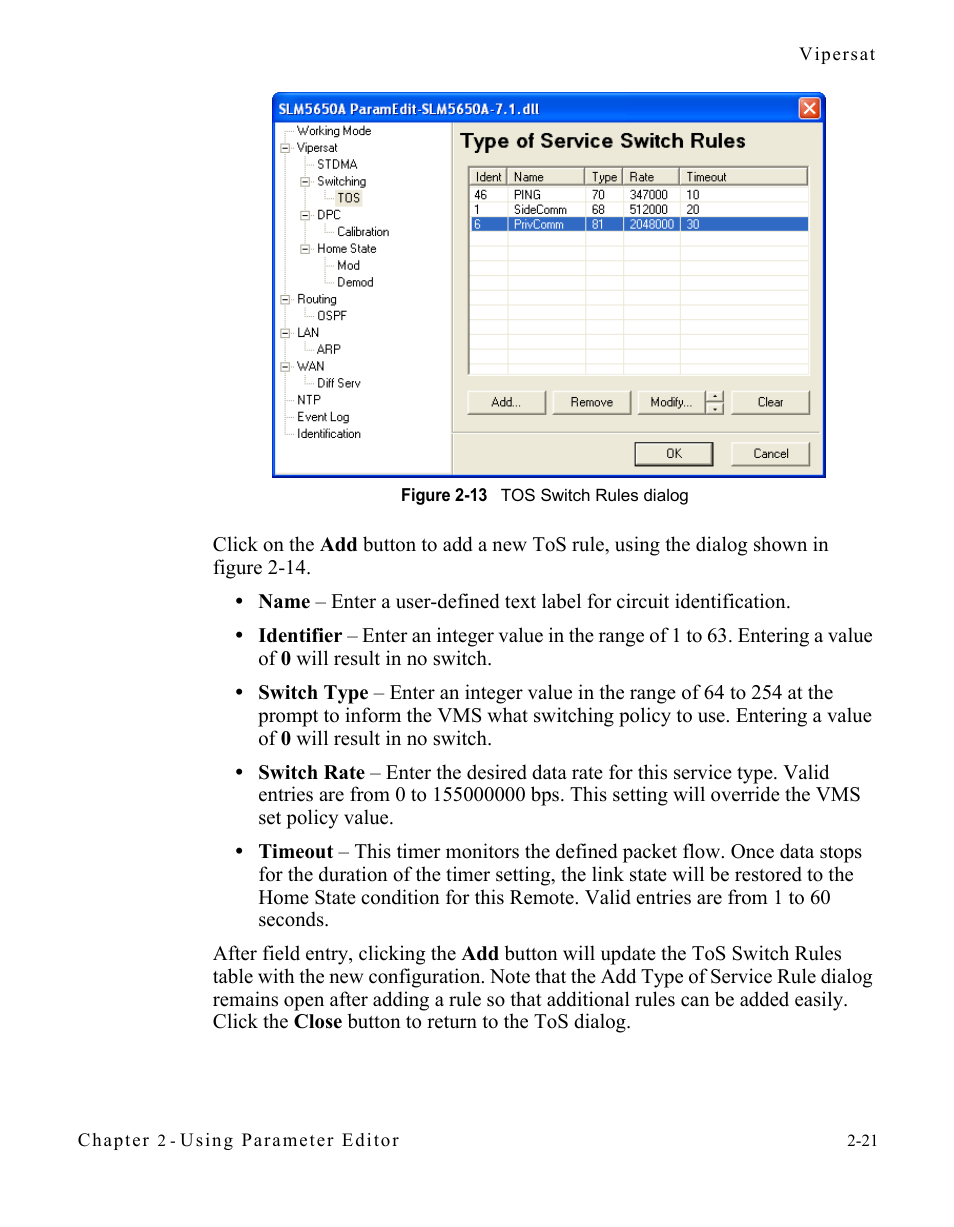 Figure 2-13 tos switch rules dialog -21 | Comtech EF Data SLM-5650A Vipersat Parameter Editor User Manual | Page 37 / 80