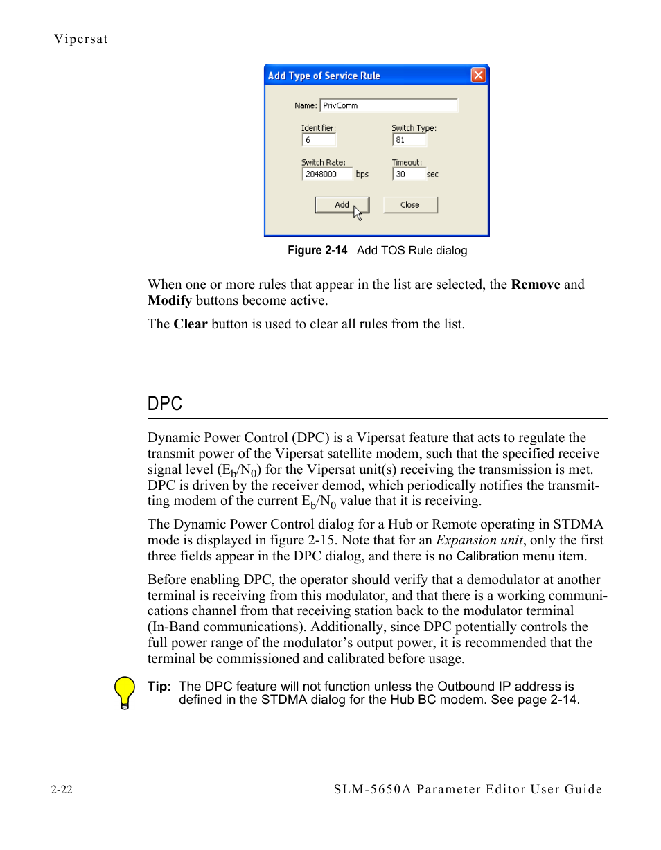 Dpc -22, Figure 2-14 add tos rule dialog -22 | Comtech EF Data SLM-5650A Vipersat Parameter Editor User Manual | Page 38 / 80