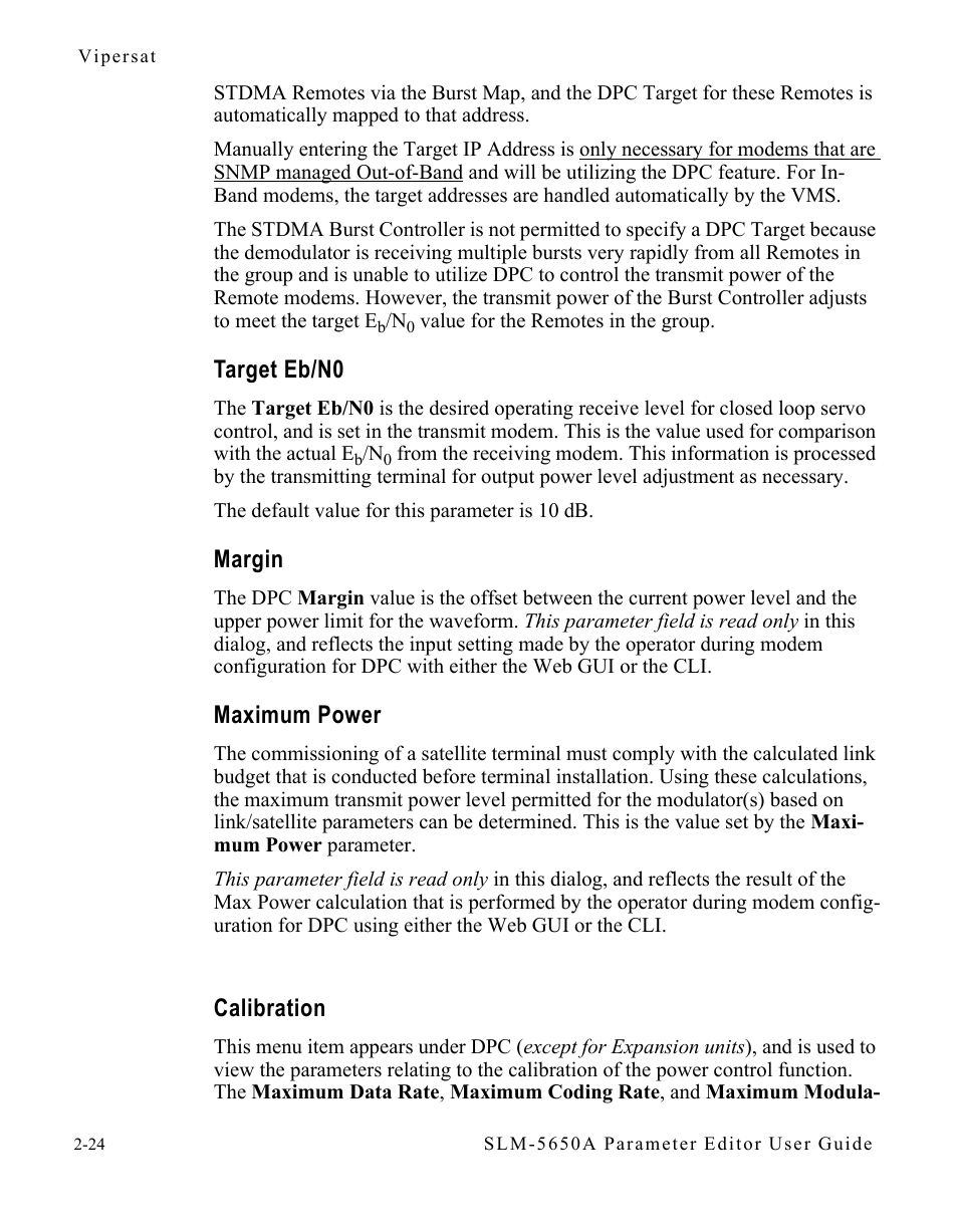 Target eb/n0, Margin, Maximum power | Calibration | Comtech EF Data SLM-5650A Vipersat Parameter Editor User Manual | Page 40 / 80