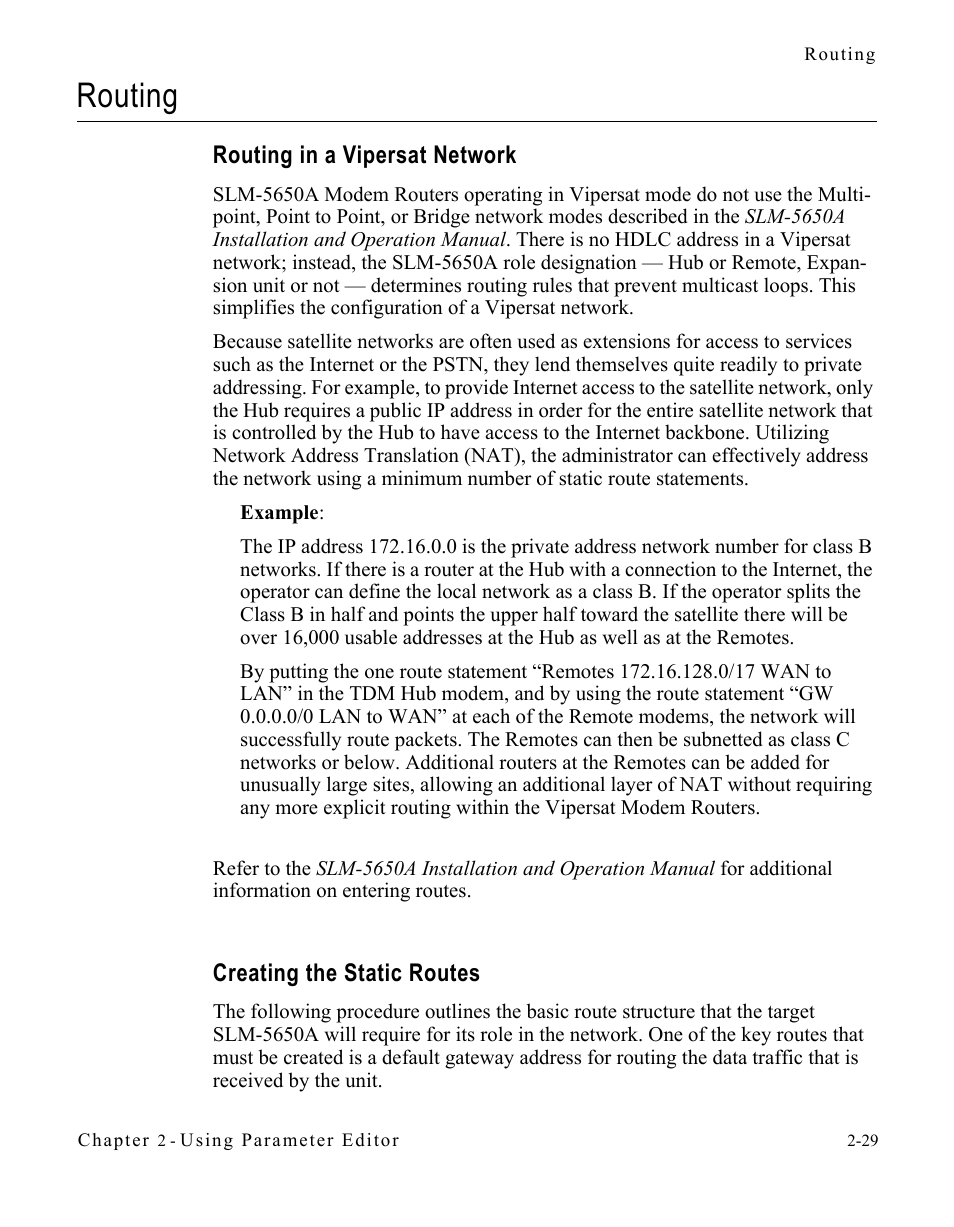 Routing, Routing in a vipersat network, Creating the static routes | Routing -29 | Comtech EF Data SLM-5650A Vipersat Parameter Editor User Manual | Page 45 / 80