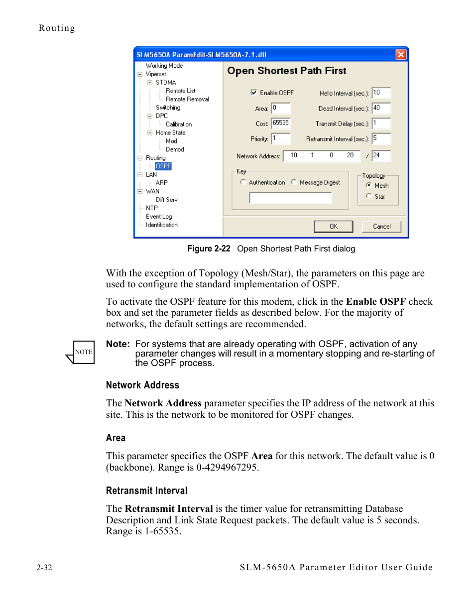 Network address, Area, Retransmit interval | Figure 2-22 open shortest path first dialog. 2-32 | Comtech EF Data SLM-5650A Vipersat Parameter Editor User Manual | Page 48 / 80