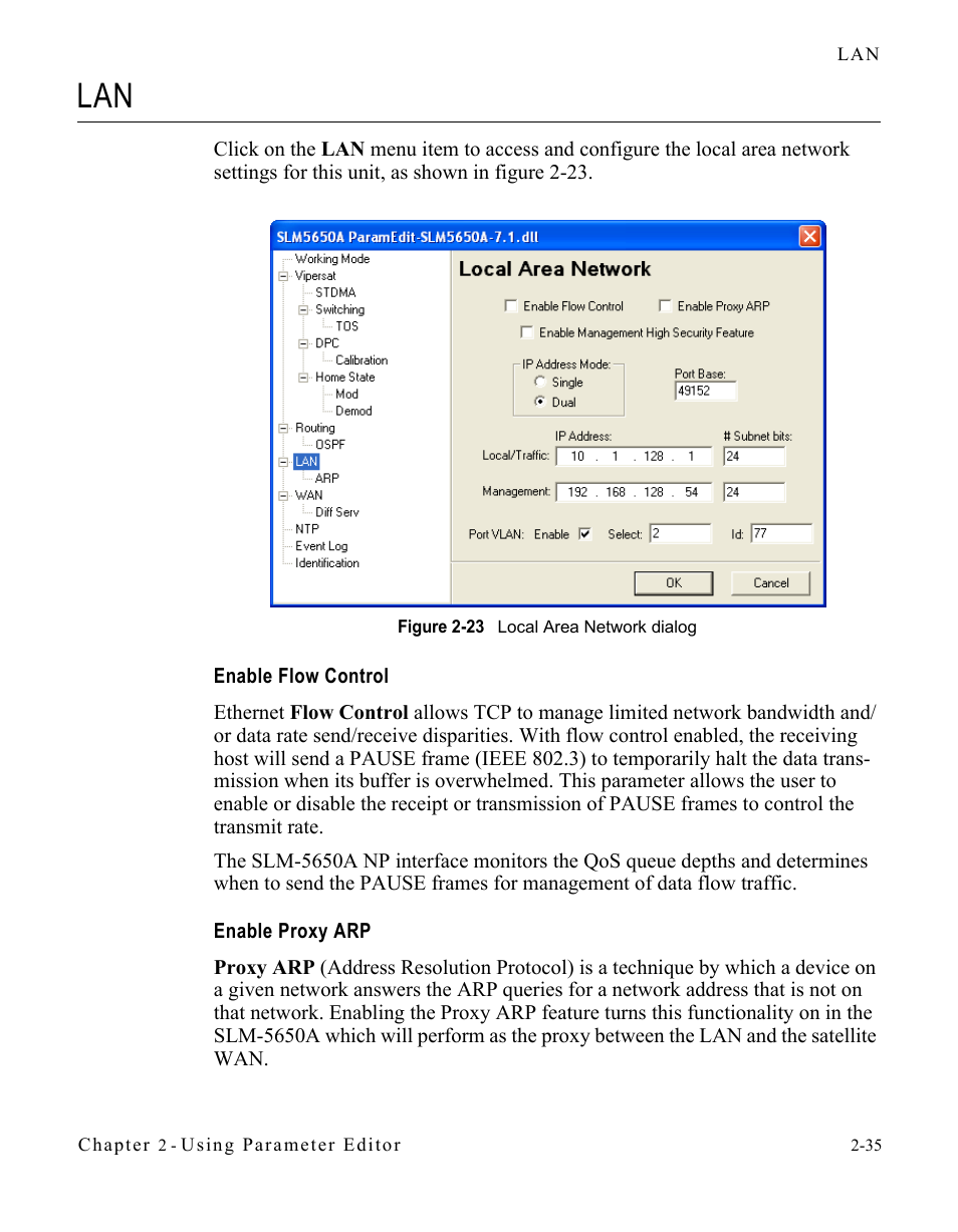 Enable flow control, Enable proxy arp, Lan -35 | Figure 2-23 local area network dialog -35 | Comtech EF Data SLM-5650A Vipersat Parameter Editor User Manual | Page 51 / 80