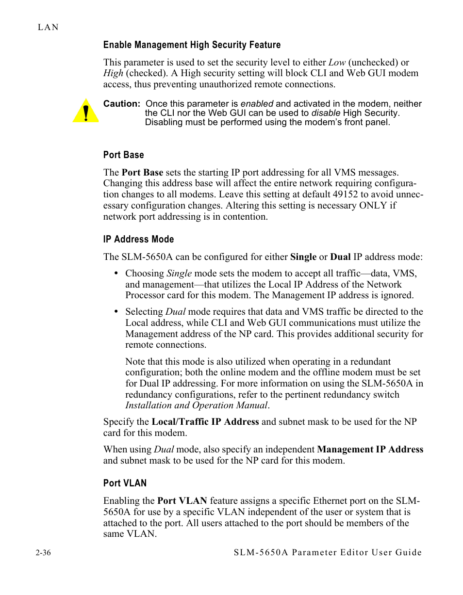 Enable management high security feature, Port base, Ip address mode | Port vlan | Comtech EF Data SLM-5650A Vipersat Parameter Editor User Manual | Page 52 / 80