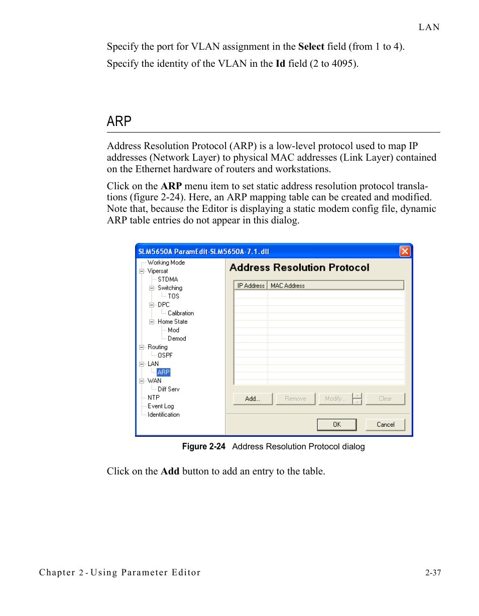 Arp -37, Figure 2-24 address resolution protocol dialog | Comtech EF Data SLM-5650A Vipersat Parameter Editor User Manual | Page 53 / 80