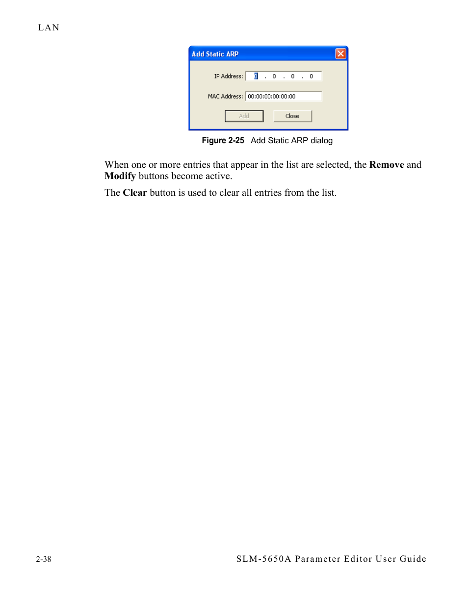 Figure 2-25 add static arp dialog -38 | Comtech EF Data SLM-5650A Vipersat Parameter Editor User Manual | Page 54 / 80