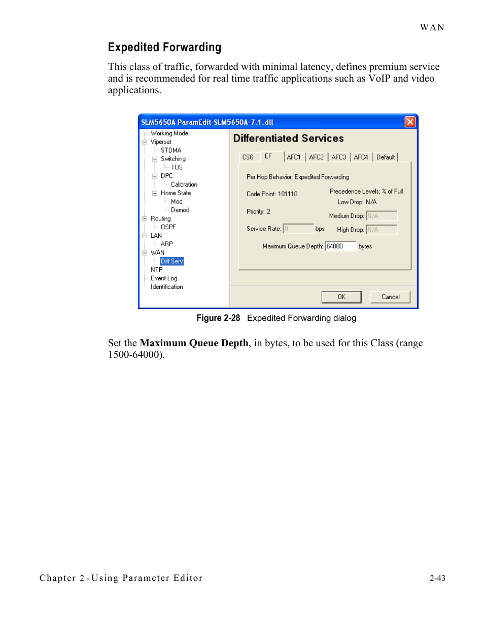 Expedited forwarding, Expedited forwarding -43, Figure 2-28 expedited forwarding dialog -43 | Comtech EF Data SLM-5650A Vipersat Parameter Editor User Manual | Page 59 / 80
