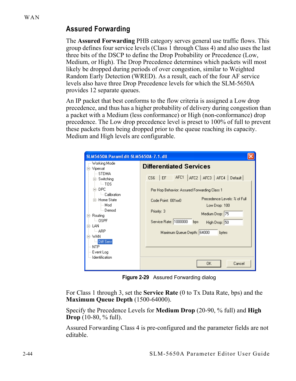 Assured forwarding, Assured forwarding -44, Figure 2-29 assured forwarding dialog -44 | Comtech EF Data SLM-5650A Vipersat Parameter Editor User Manual | Page 60 / 80