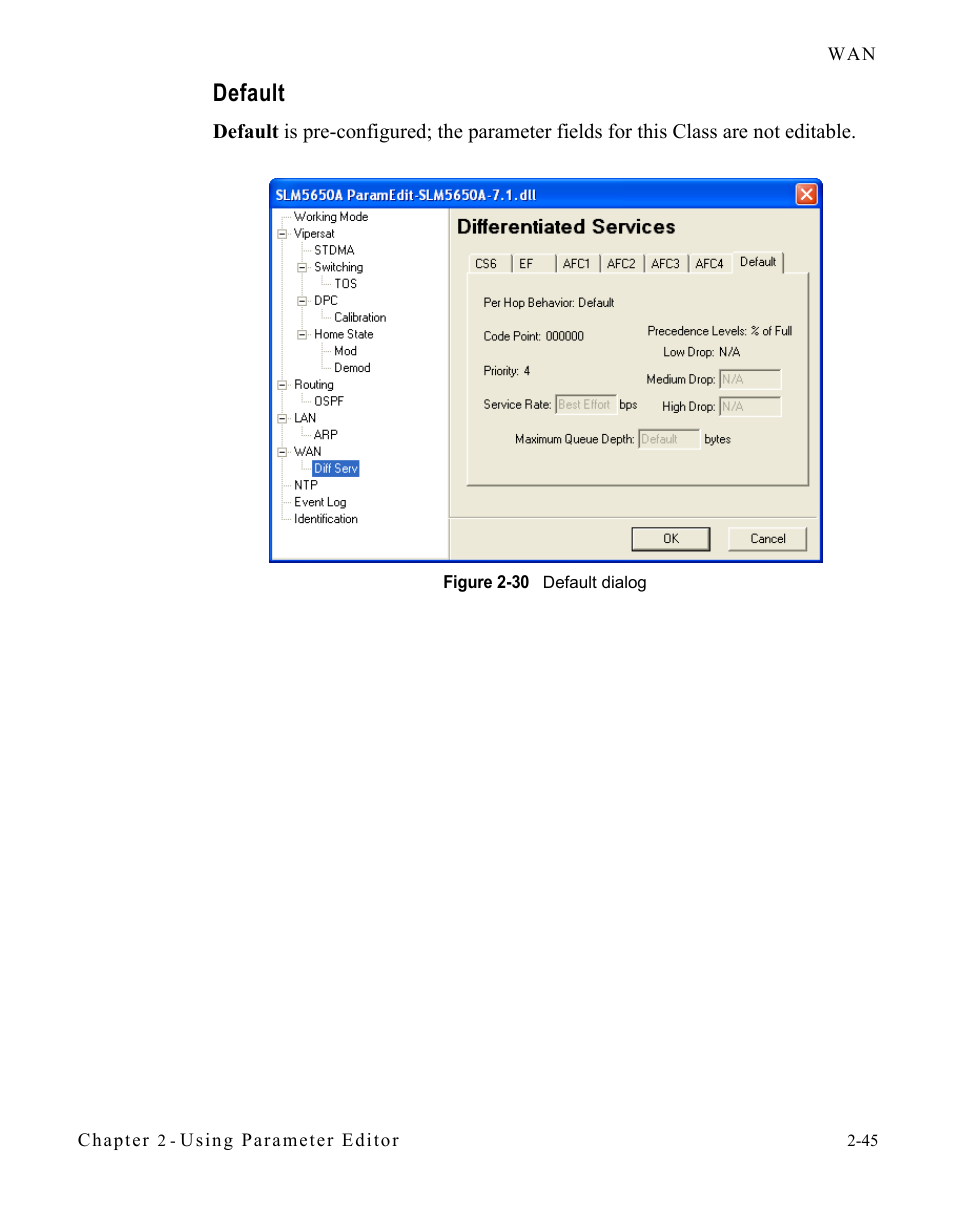 Default, Default -45, Figure 2-30 default dialog -45 | Comtech EF Data SLM-5650A Vipersat Parameter Editor User Manual | Page 61 / 80