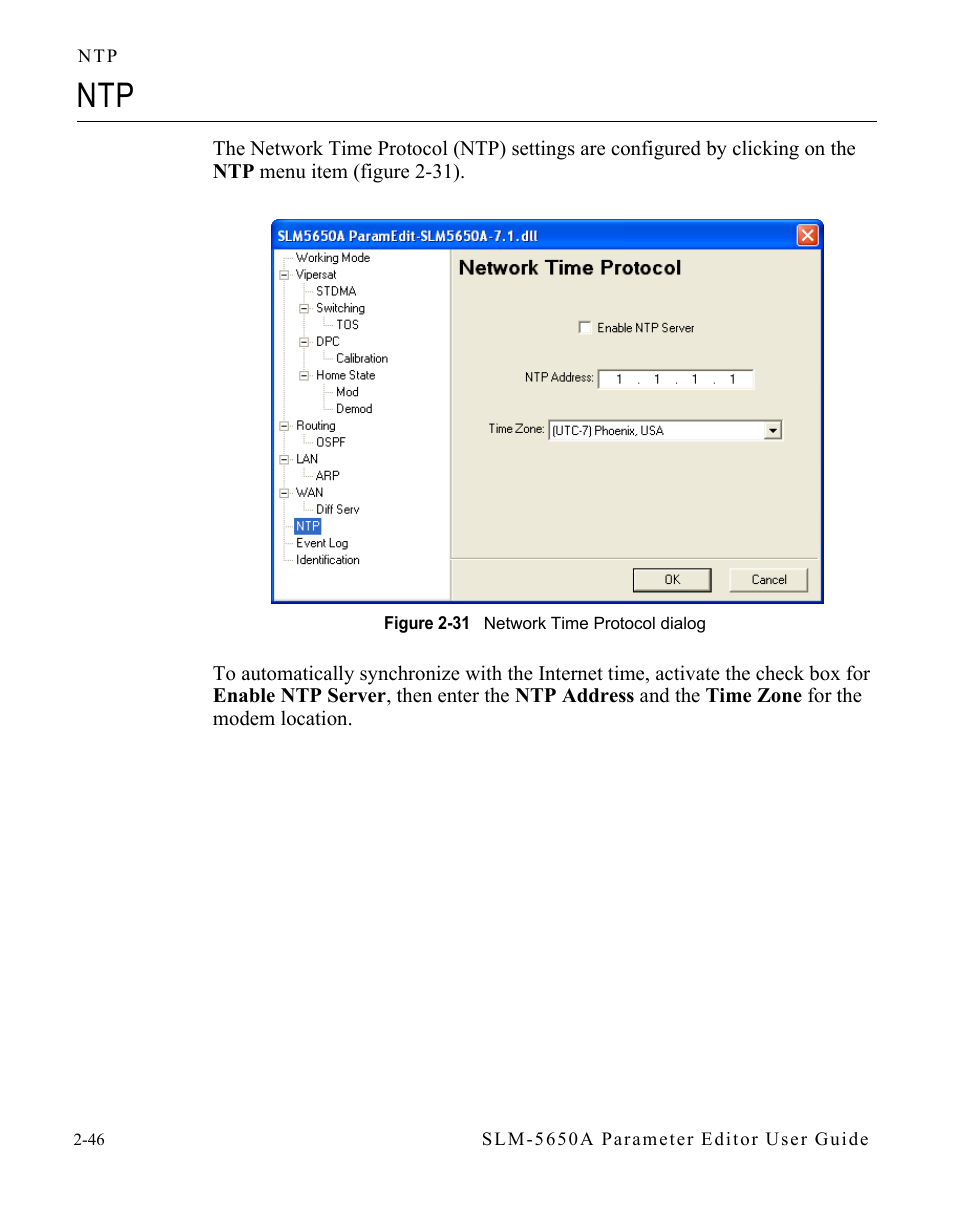 Ntp -46, Figure 2-31 network time protocol dialog -46 | Comtech EF Data SLM-5650A Vipersat Parameter Editor User Manual | Page 62 / 80