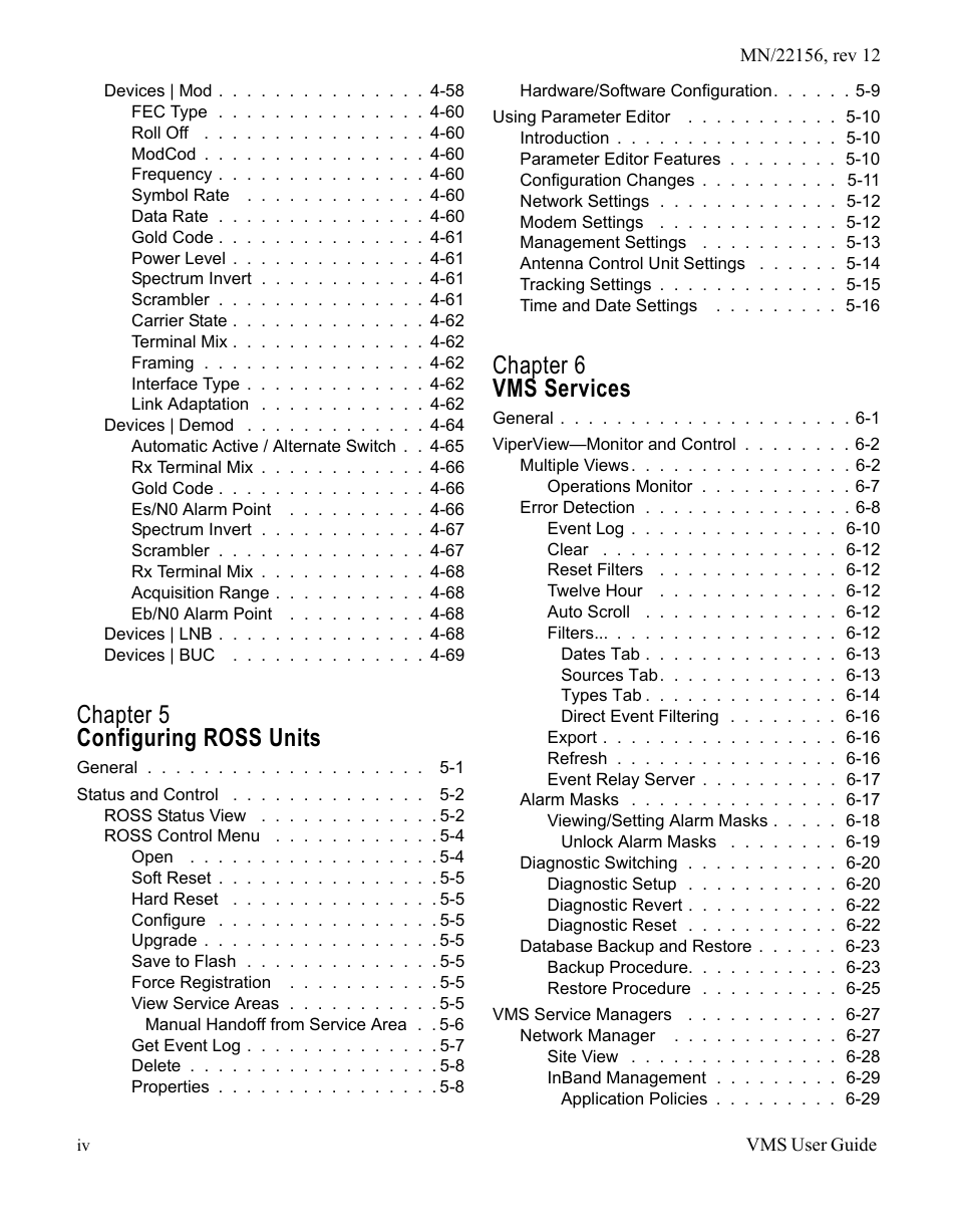 Chapter 5 configuring ross units, Chapter 6 vms services | Comtech EF Data VMS v3.12.x Vipersat User Manual | Page 10 / 558