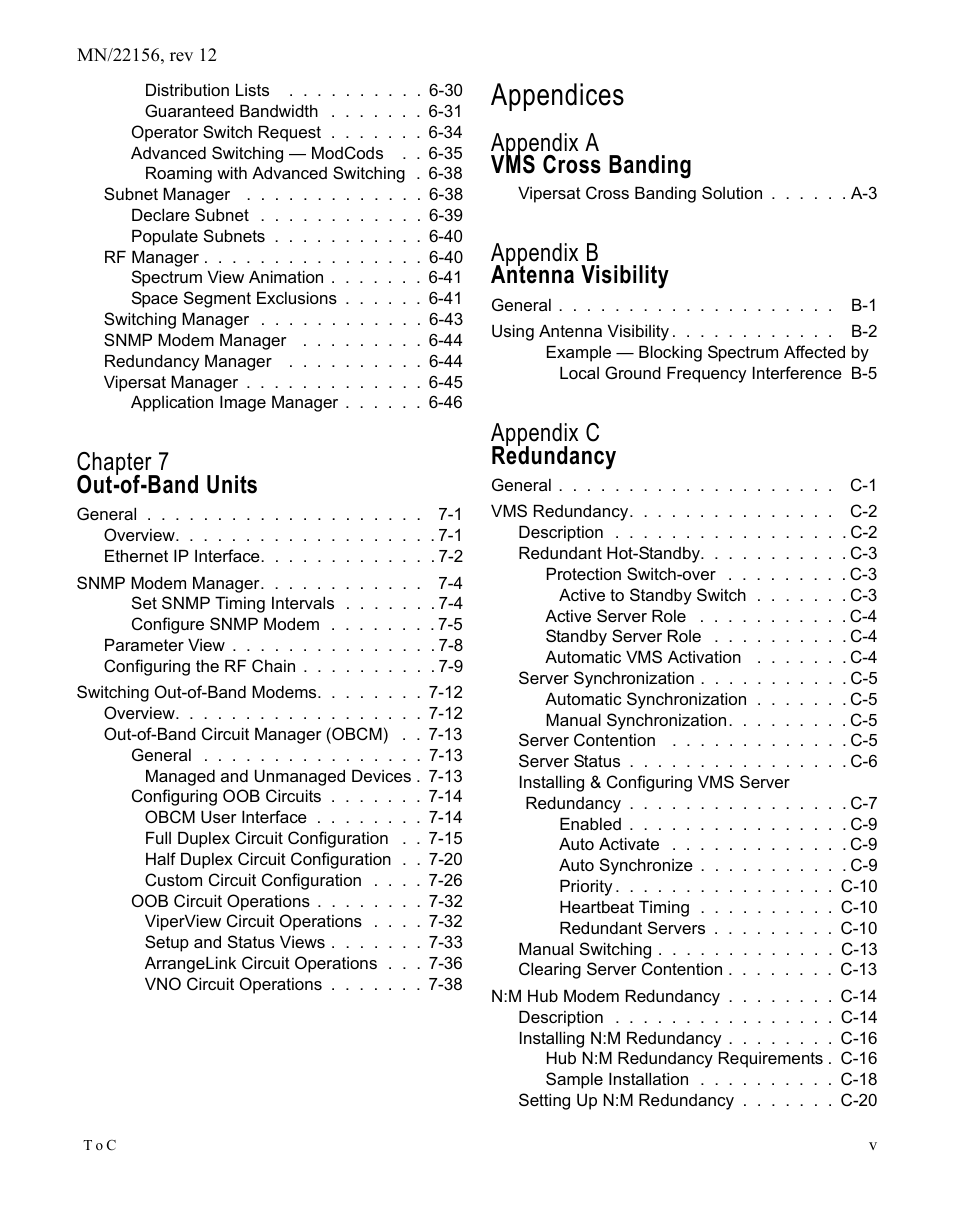 Appendices, Chapter 7 out-of-band units, Appendix a vms cross banding | Appendix b antenna visibility, Appendix c redundancy | Comtech EF Data VMS v3.12.x Vipersat User Manual | Page 11 / 558