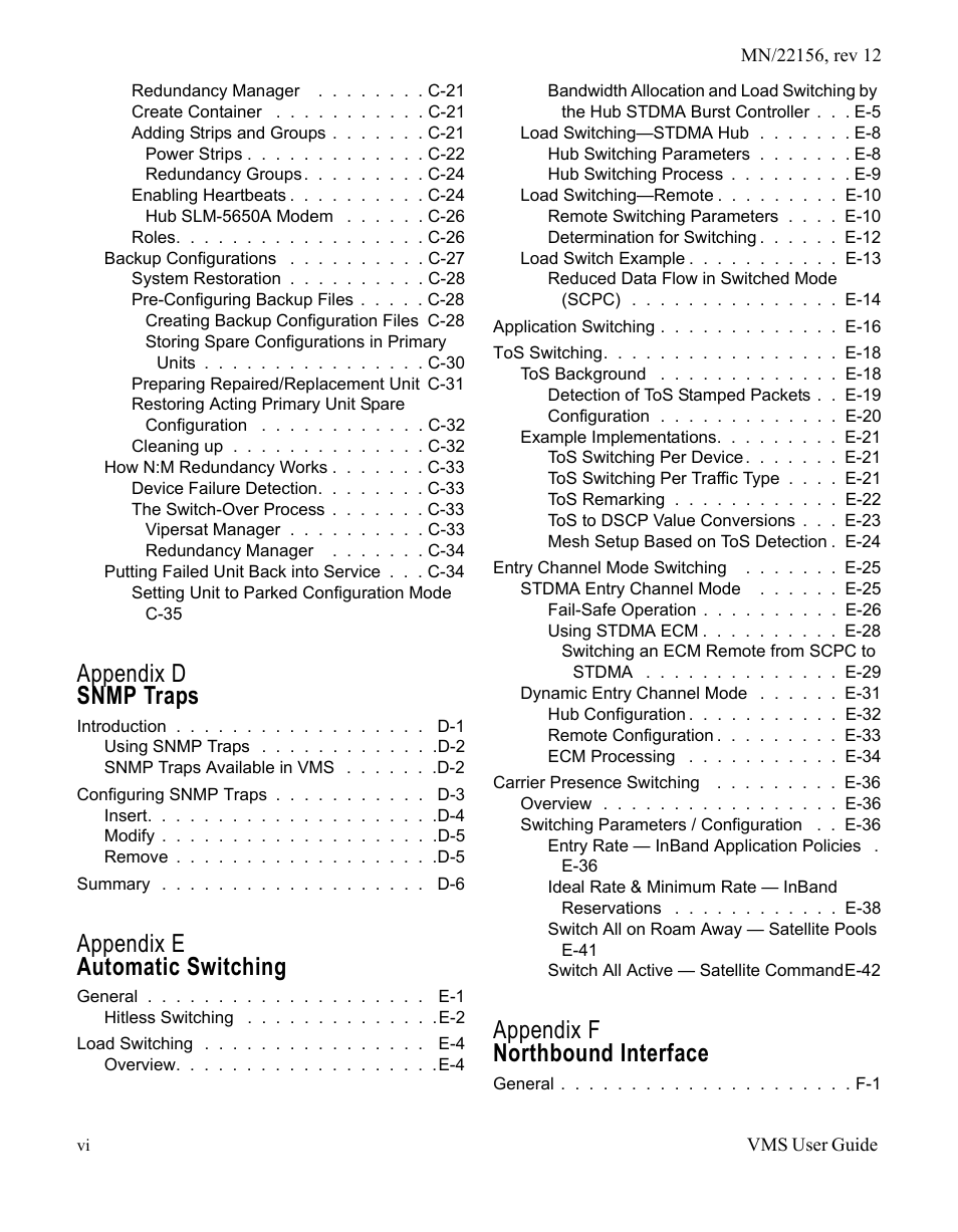 Appendix d snmp traps, Appendix e automatic switching, Appendix f northbound interface | Comtech EF Data VMS v3.12.x Vipersat User Manual | Page 12 / 558