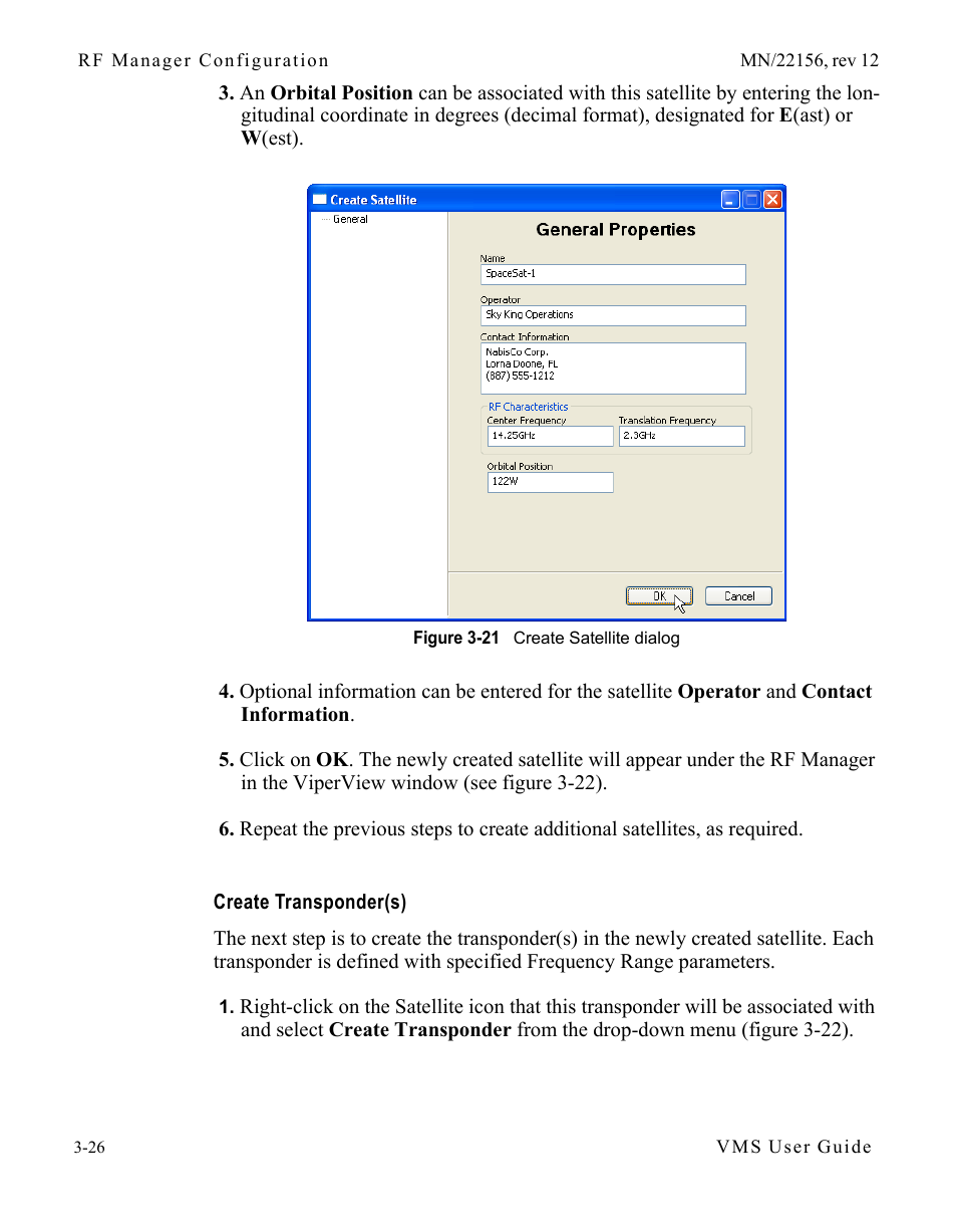 Create transponder(s), Create transponder(s) -26, Figure 3-21 create satellite dialog | Comtech EF Data VMS v3.12.x Vipersat User Manual | Page 126 / 558