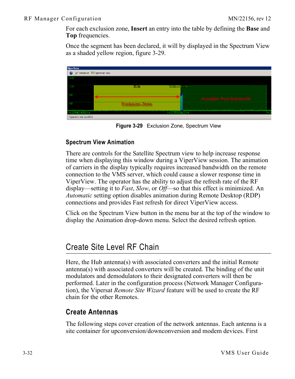 Spectrum view animation, Create site level rf chain, Create antennas | Spectrum view animation -32, Create site level rf chain -32, Create antennas -32, Figure 3-29 exclusion zone, spectrum view | Comtech EF Data VMS v3.12.x Vipersat User Manual | Page 132 / 558