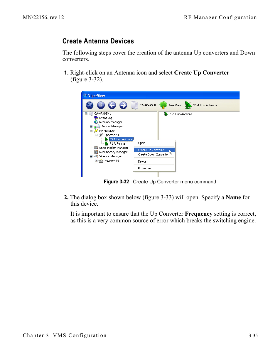 Create antenna devices, Create antenna devices -35, Figure 3-32 create up converter menu command | Comtech EF Data VMS v3.12.x Vipersat User Manual | Page 135 / 558