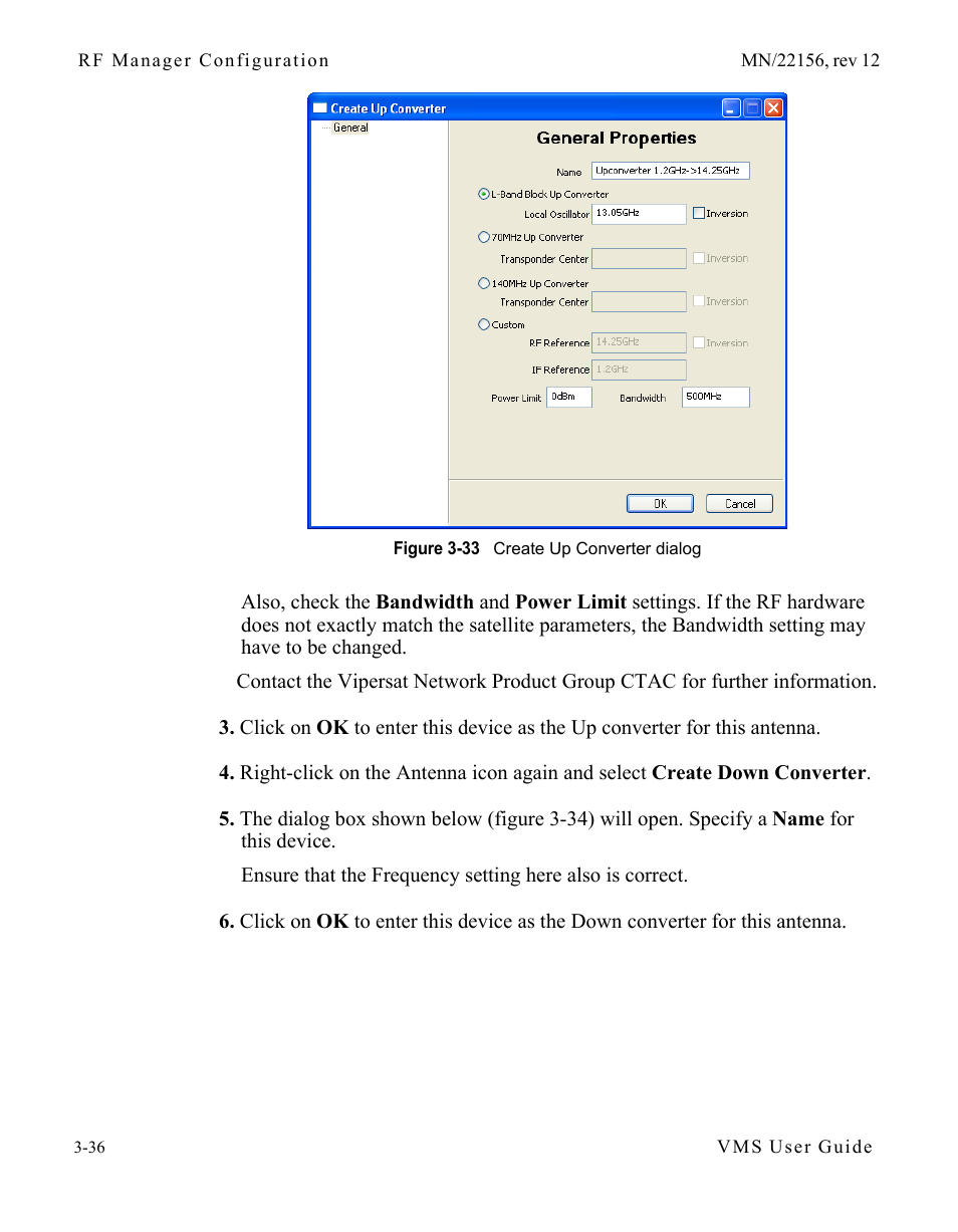 Figure 3-33 create up converter dialog | Comtech EF Data VMS v3.12.x Vipersat User Manual | Page 136 / 558