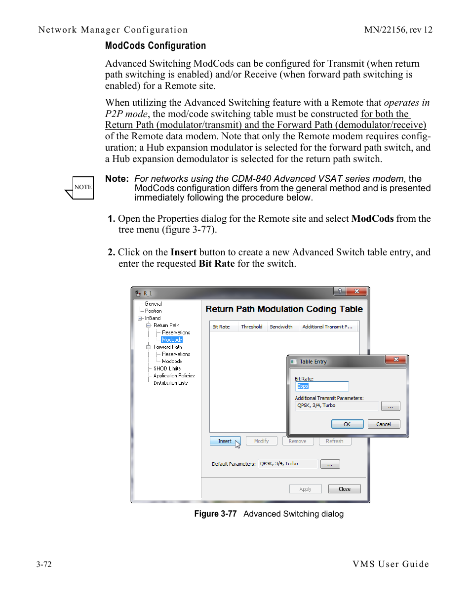 Modcods configuration, Modcods configuration -72, Figure 3-77 advanced switching dialog | Comtech EF Data VMS v3.12.x Vipersat User Manual | Page 172 / 558