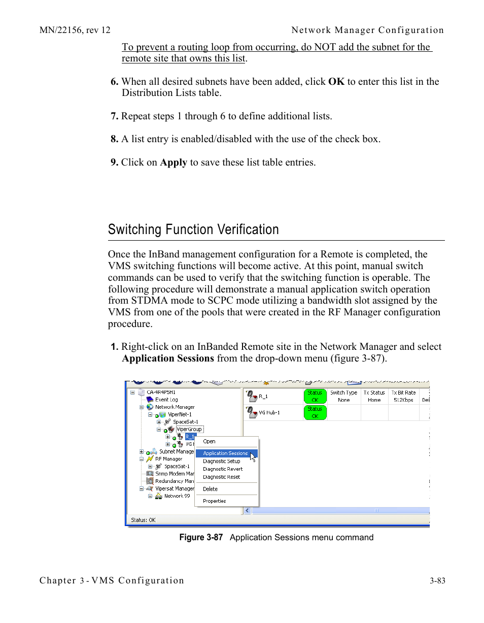 Switching function verification, Switching function verification -83, Figure 3-87 application sessions menu command | Comtech EF Data VMS v3.12.x Vipersat User Manual | Page 183 / 558