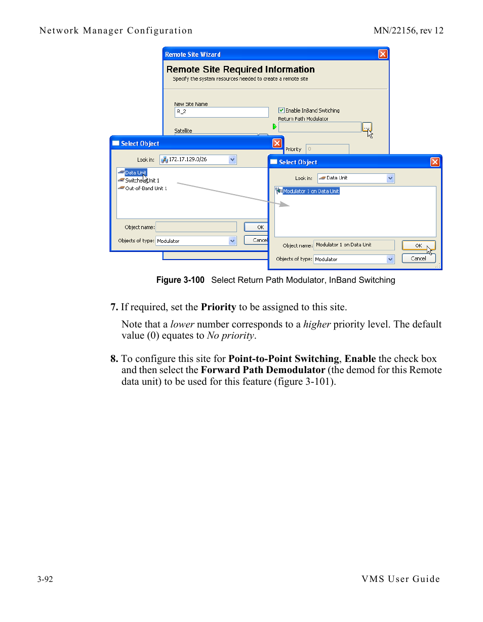 Figure 3-100 select return path modulator, inband, Switching | Comtech EF Data VMS v3.12.x Vipersat User Manual | Page 192 / 558