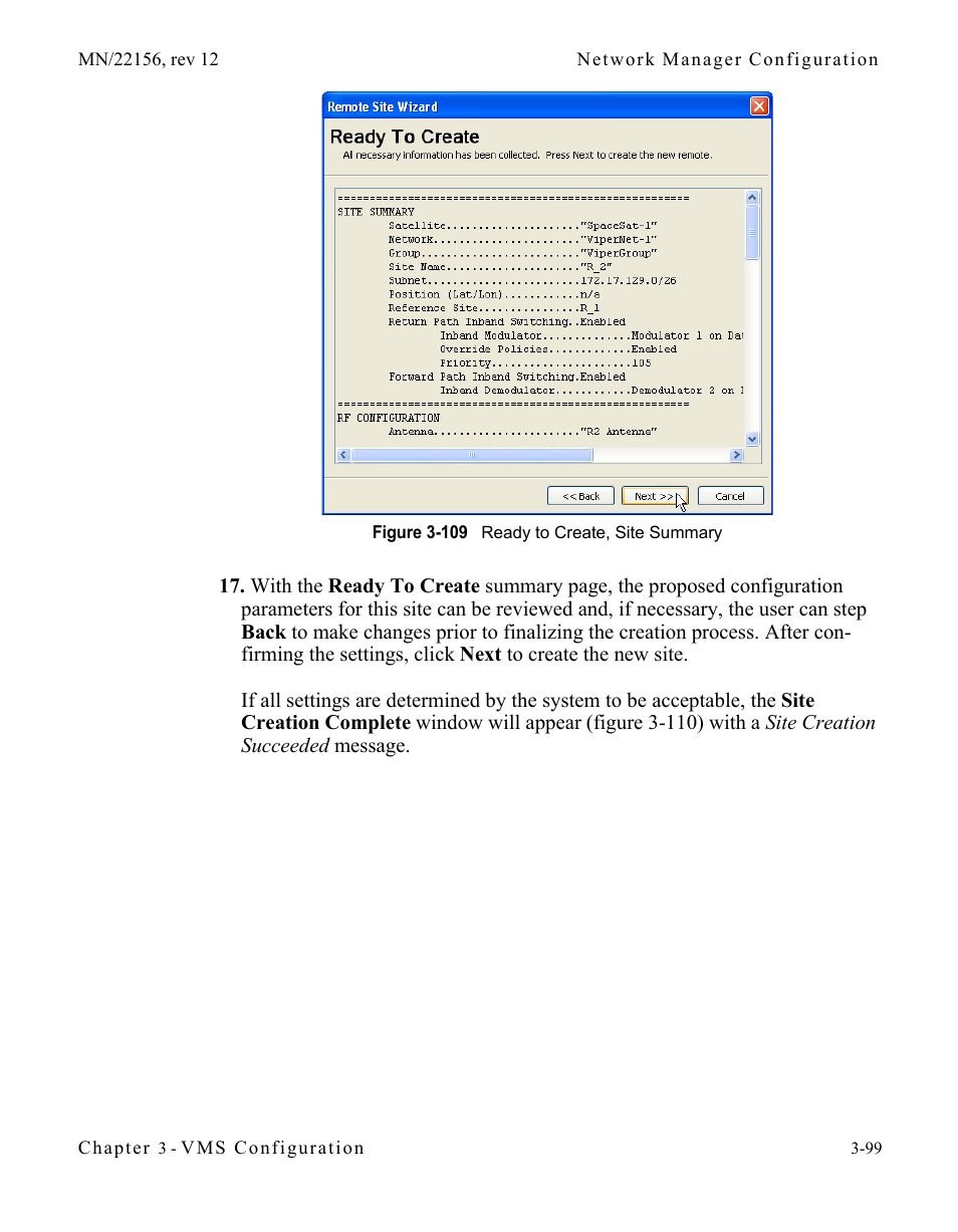 Figure 3-109 ready to create, site summary, Figure 3-109). proceed to step 17 | Comtech EF Data VMS v3.12.x Vipersat User Manual | Page 199 / 558