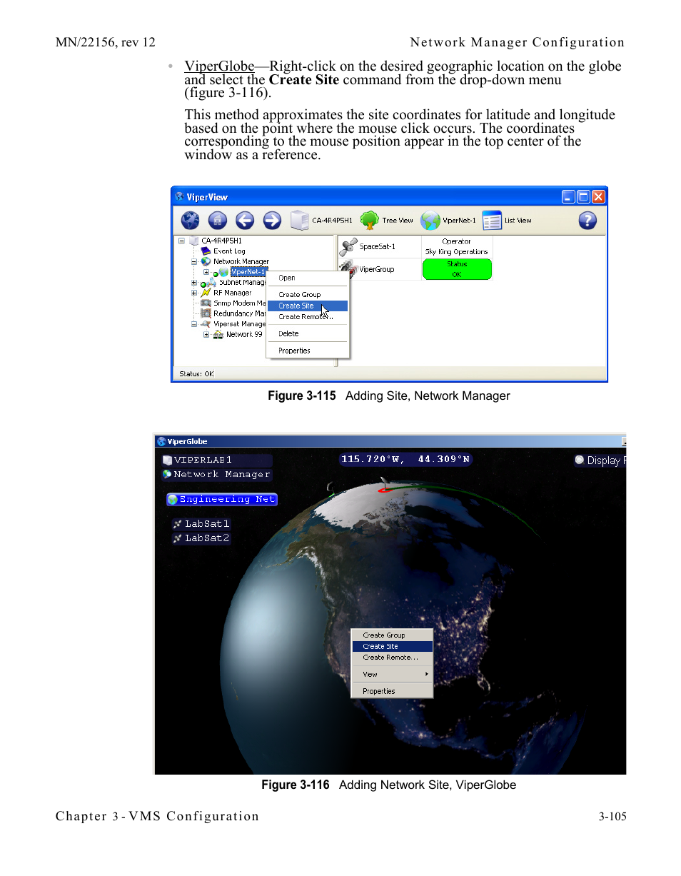 Figure 3-115 adding site, network manager, Figure 3-116 adding network site, viperglobe | Comtech EF Data VMS v3.12.x Vipersat User Manual | Page 205 / 558