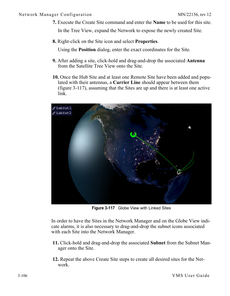 Figure 3-117 globe view with linked sites | Comtech EF Data VMS v3.12.x Vipersat User Manual | Page 206 / 558