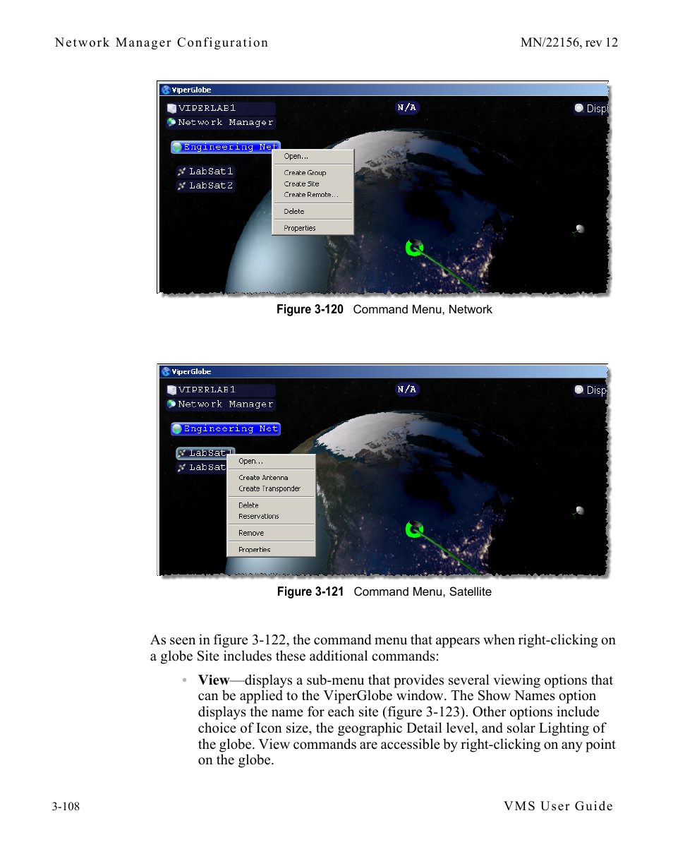 Figure 3-120 command menu, network, Figure 3-121 command menu, satellite | Comtech EF Data VMS v3.12.x Vipersat User Manual | Page 208 / 558