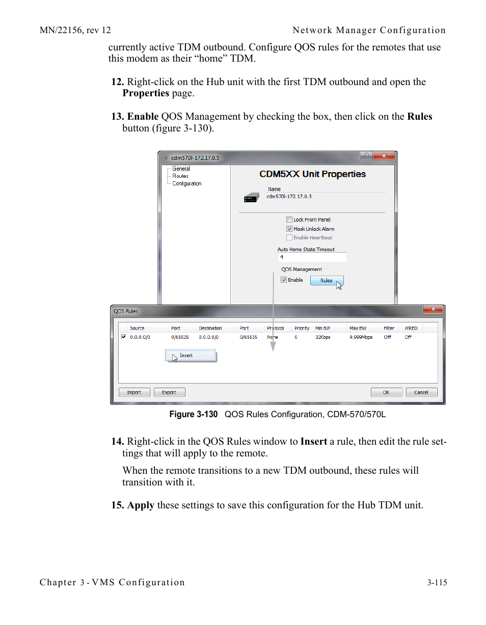 Figure 3-130 qos rules configuration, cdm-570, 570l | Comtech EF Data VMS v3.12.x Vipersat User Manual | Page 215 / 558