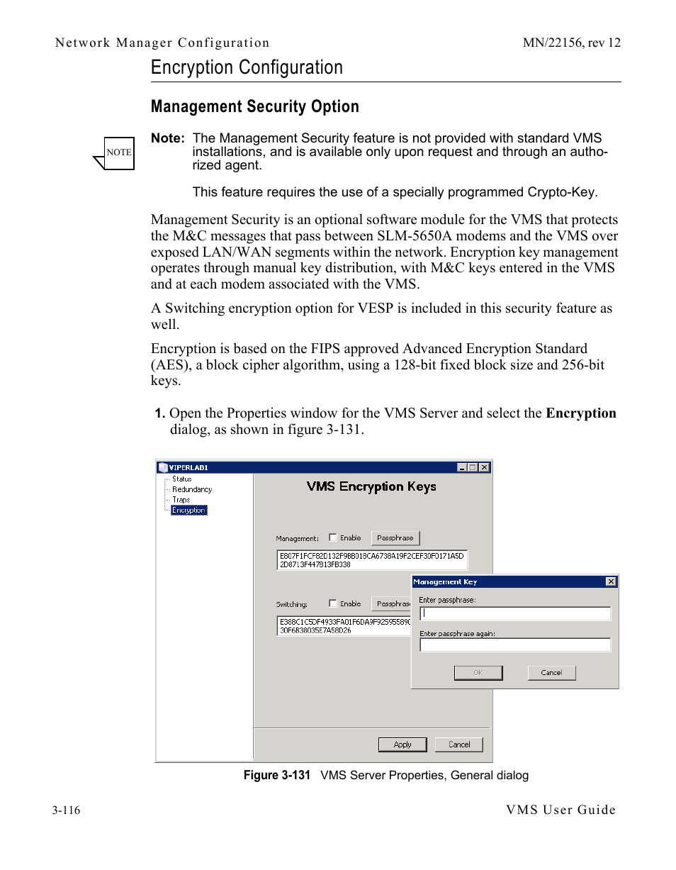 Encryption configuration, Management security option, Encryption configuration -116 | Management security option -116, Figure 3-131 vms server properties, general, Dialog | Comtech EF Data VMS v3.12.x Vipersat User Manual | Page 216 / 558