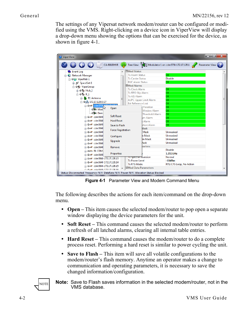Figure 4-1 parameter view and modem command, Menu | Comtech EF Data VMS v3.12.x Vipersat User Manual | Page 220 / 558