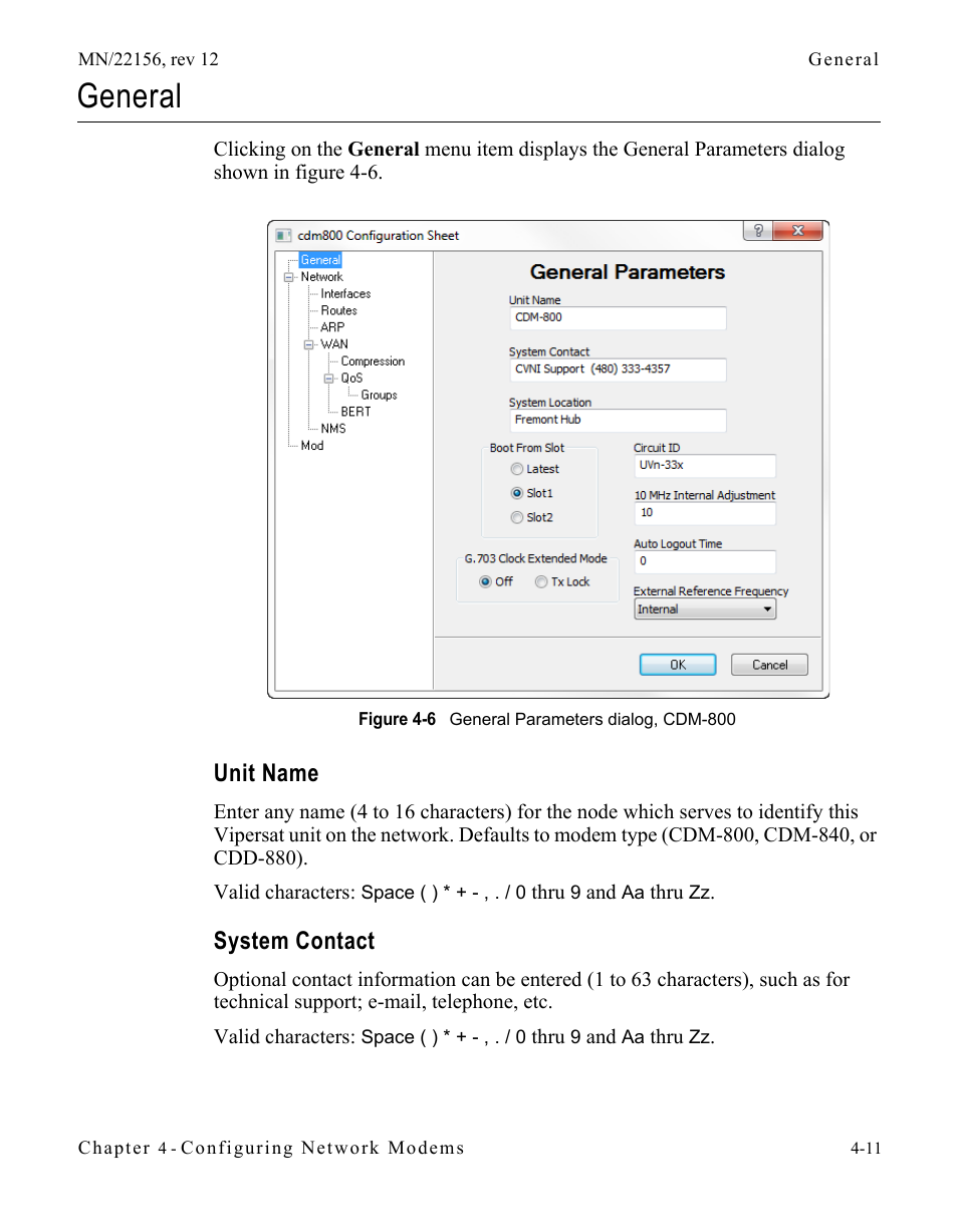 General, Unit name, System contact | General -11, Unit name -11 system contact -11, Figure 4-6 general parameters dialog, cdm-800 | Comtech EF Data VMS v3.12.x Vipersat User Manual | Page 229 / 558