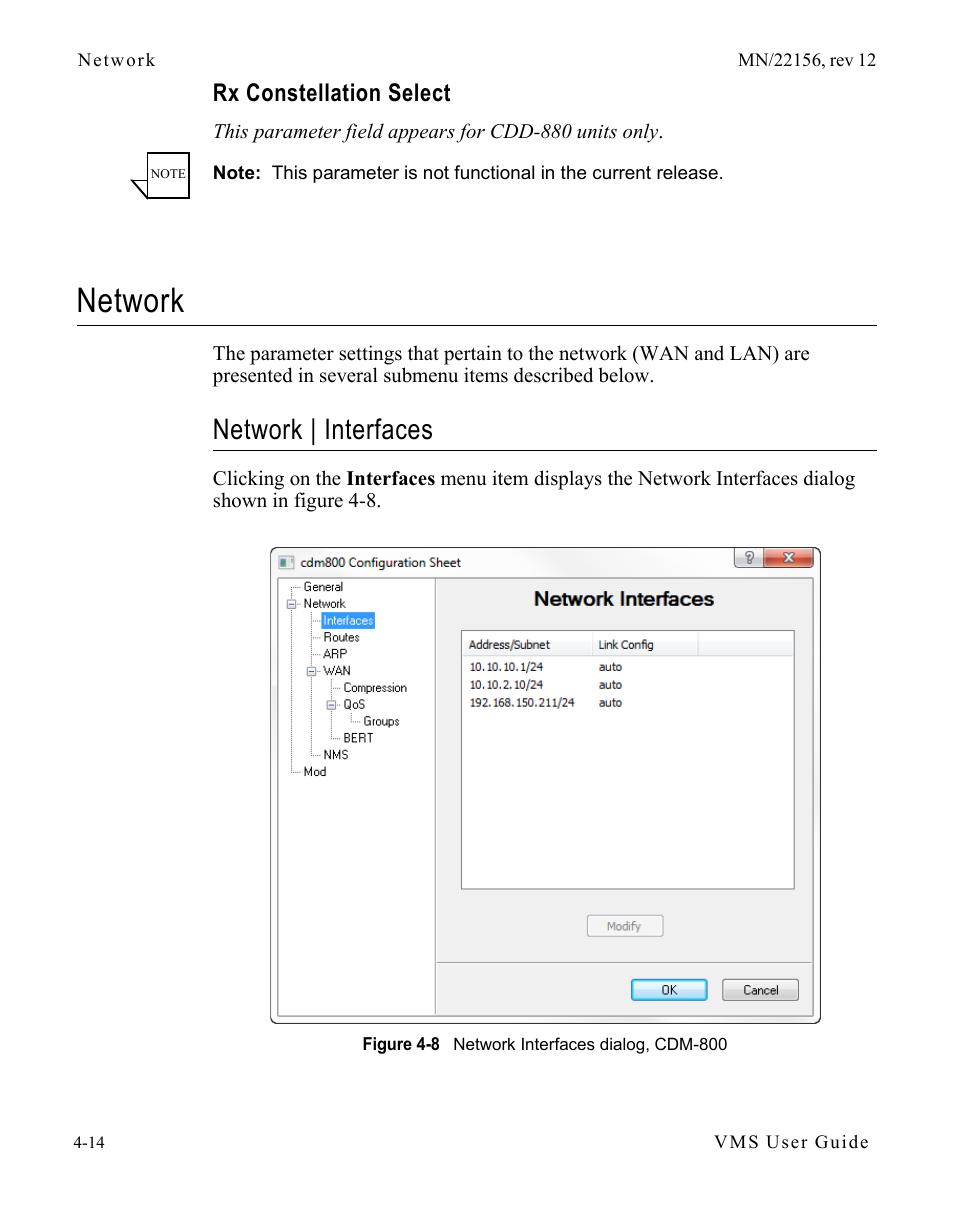 Rx constellation select, Network, Network | interfaces | Rx constellation select -14, Network -14, Network | interfaces -14, Figure 4-8 network interfaces dialog, cdm-800 | Comtech EF Data VMS v3.12.x Vipersat User Manual | Page 232 / 558