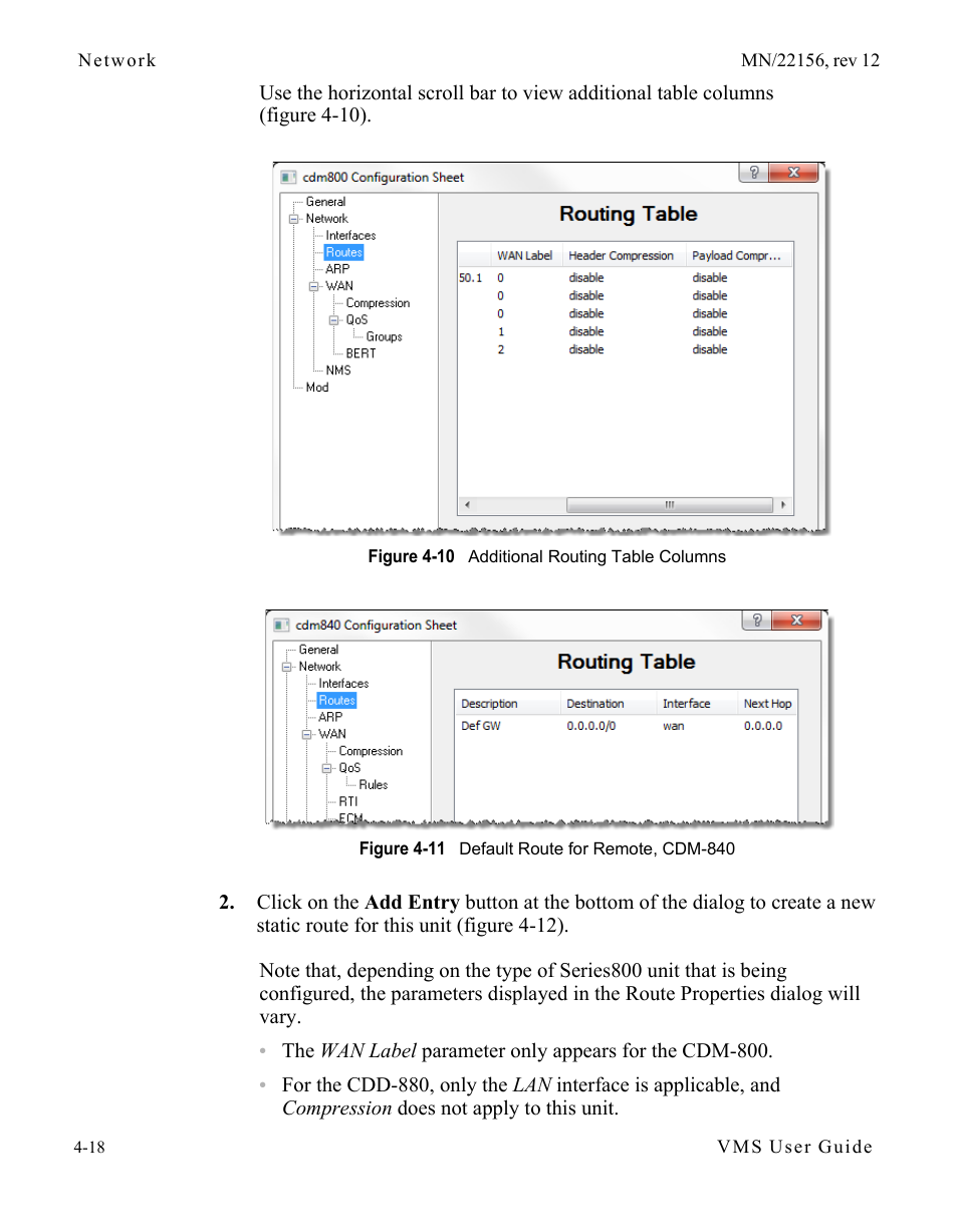 Figure 4-10 additional routing table columns, Figure 4-11 default route for remote, cdm-840 | Comtech EF Data VMS v3.12.x Vipersat User Manual | Page 236 / 558