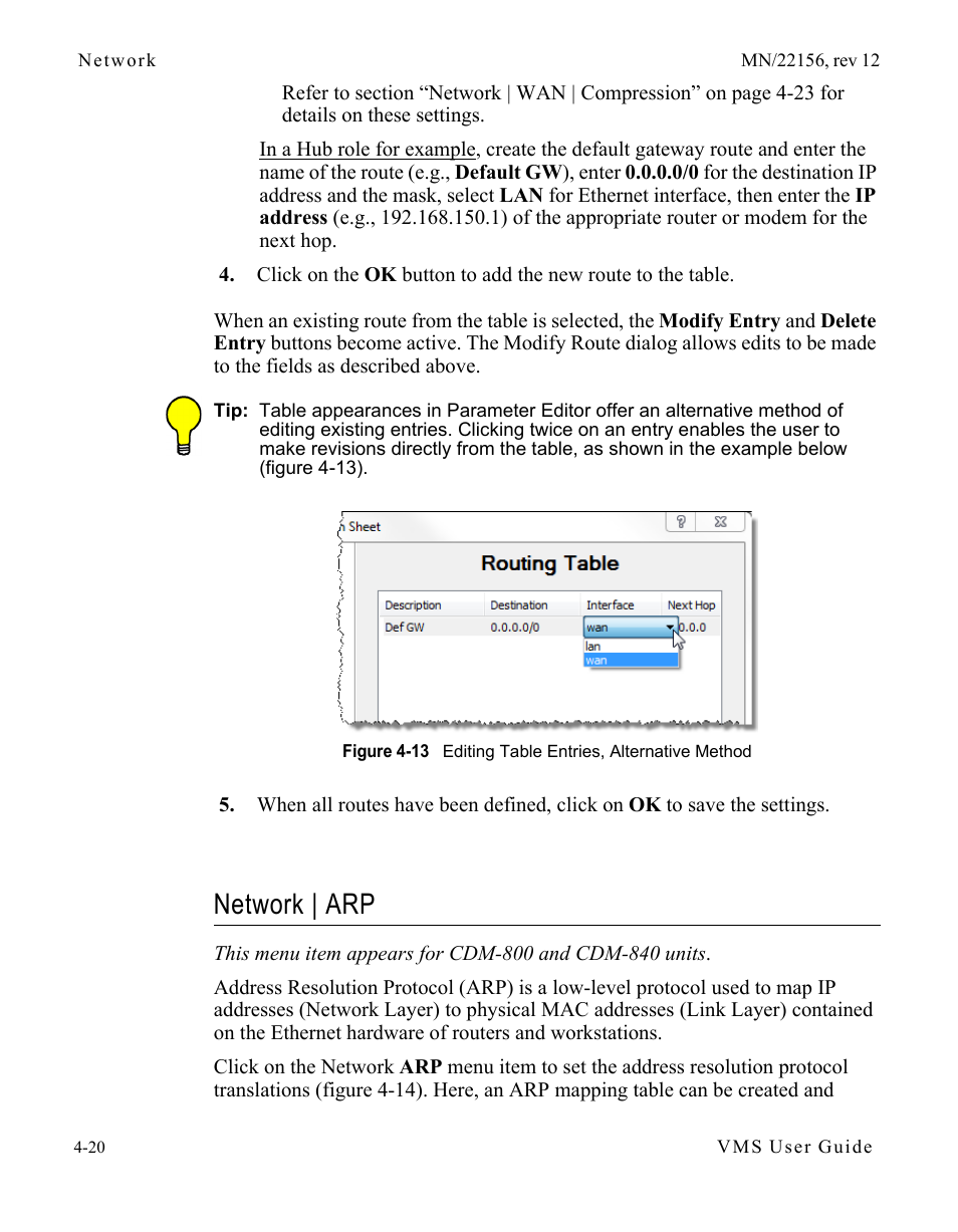 Network | arp, Network | arp -20, Figure 4-13 editing table entries, alternative | Method | Comtech EF Data VMS v3.12.x Vipersat User Manual | Page 238 / 558