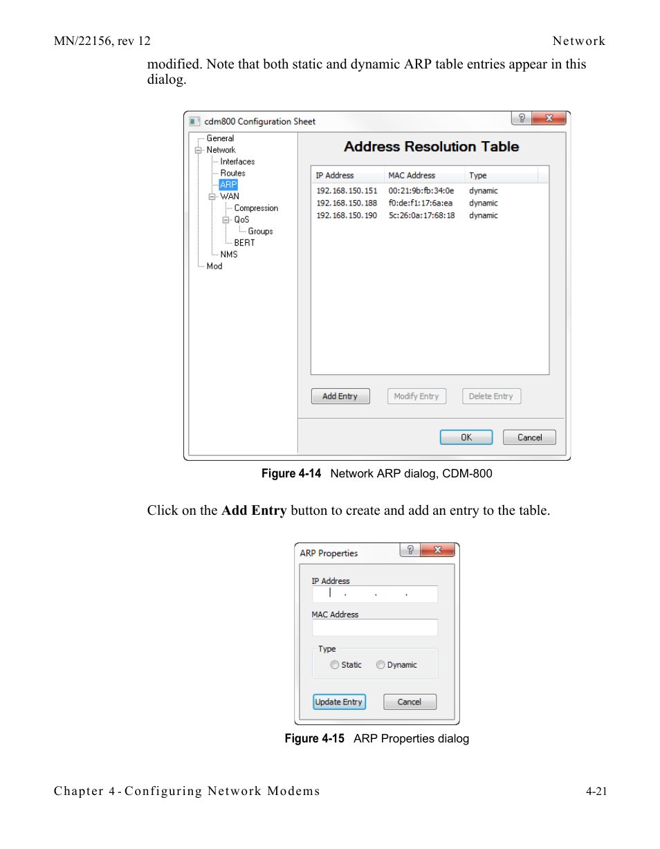 Figure 4-14 network arp dialog, cdm-800, Figure 4-15 arp properties dialog | Comtech EF Data VMS v3.12.x Vipersat User Manual | Page 239 / 558